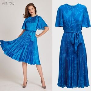 Rickie Freeman Teri Jon Pleated Midi Dress Floral Satin Wedding Victorian Luxury